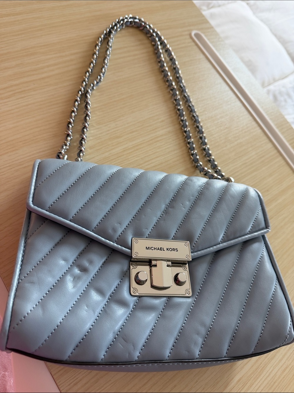 Michael Kors Quilted Shoulder Bag in light blue with Silver Hardware